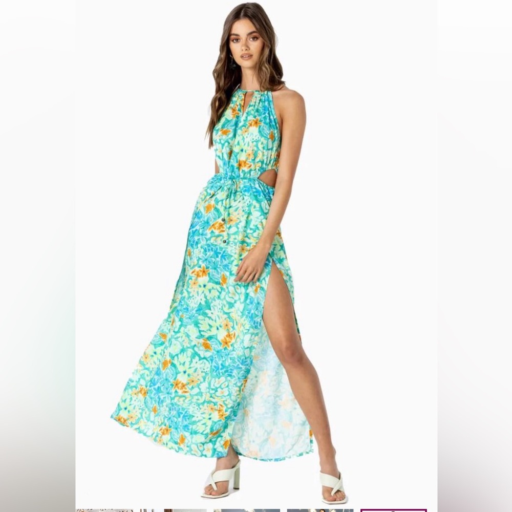 Lé Salty Label Bianca Maxi Dress Cutaway Teal Tropical Floral Green Blue SZ M - Picture 4 of 10